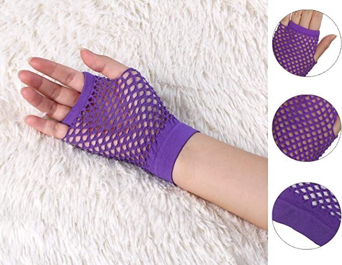 12 Pair Fishnet Gloves Fingerless Wrist Length 70s 80s Costume Party - Purple-4