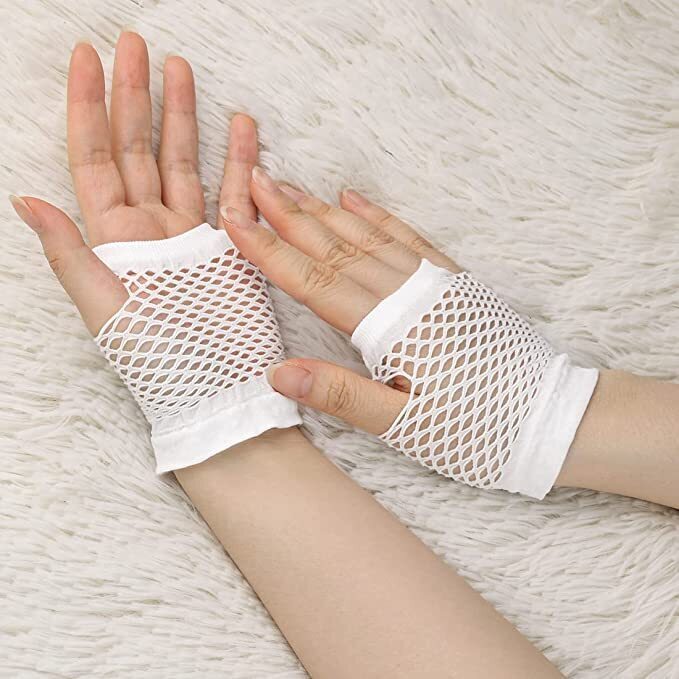 12 Pair Fishnet Gloves Fingerless Wrist Length 70s 80s Costume Party - White-2