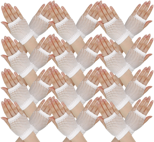 12 Pair Fishnet Gloves Fingerless Wrist Length 70s 80s Costume Party - White-0
