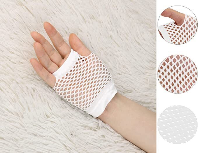 12 Pair Fishnet Gloves Fingerless Wrist Length 70s 80s Costume Party - White-4
