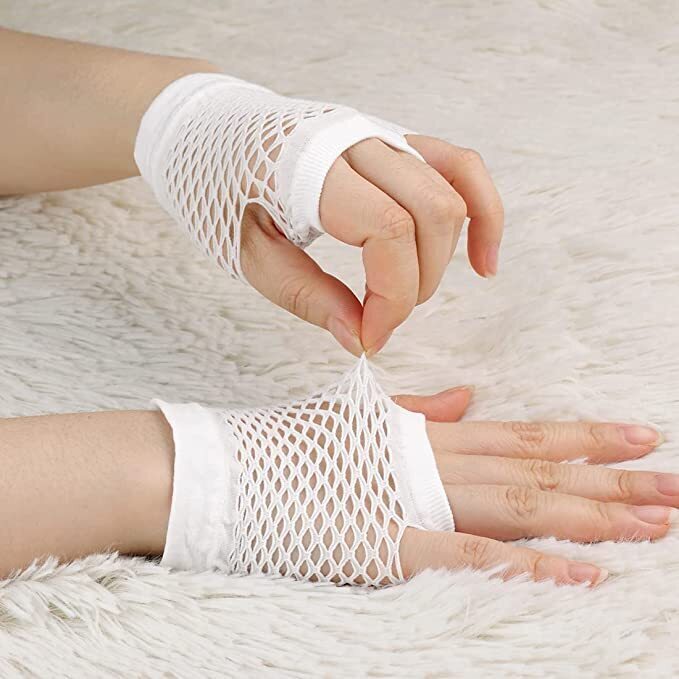 12 Pair Fishnet Gloves Fingerless Wrist Length 70s 80s Costume Party - White-3