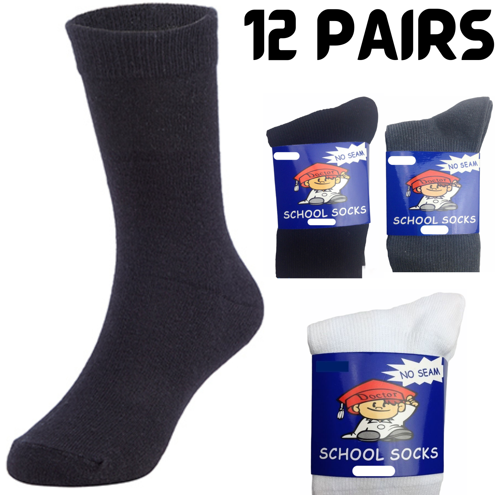 12x Pairs SCHOOL SOCKS Plain Cotton Rich Girls Boys School Uniform BULK-1
