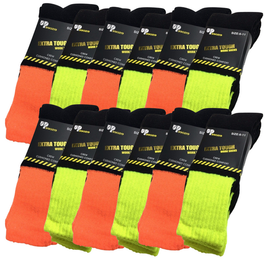 12x Pairs HI VIS SOCKS Workwear Work Safety High Visibility Fluro Cushioned BULK-0