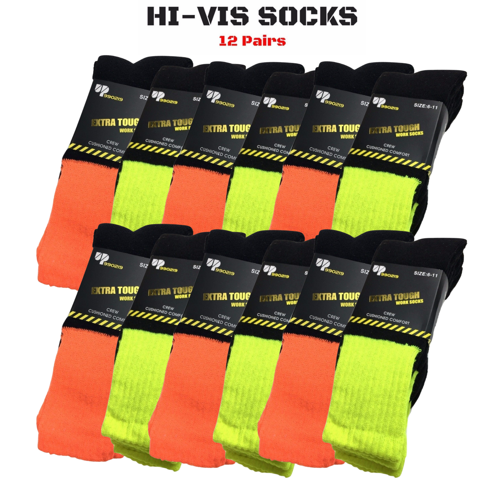 12x Pairs Yellow & Orange HI VIS SOCKS Bulk Pack - High Visibility Fluro Safety Workwear-1