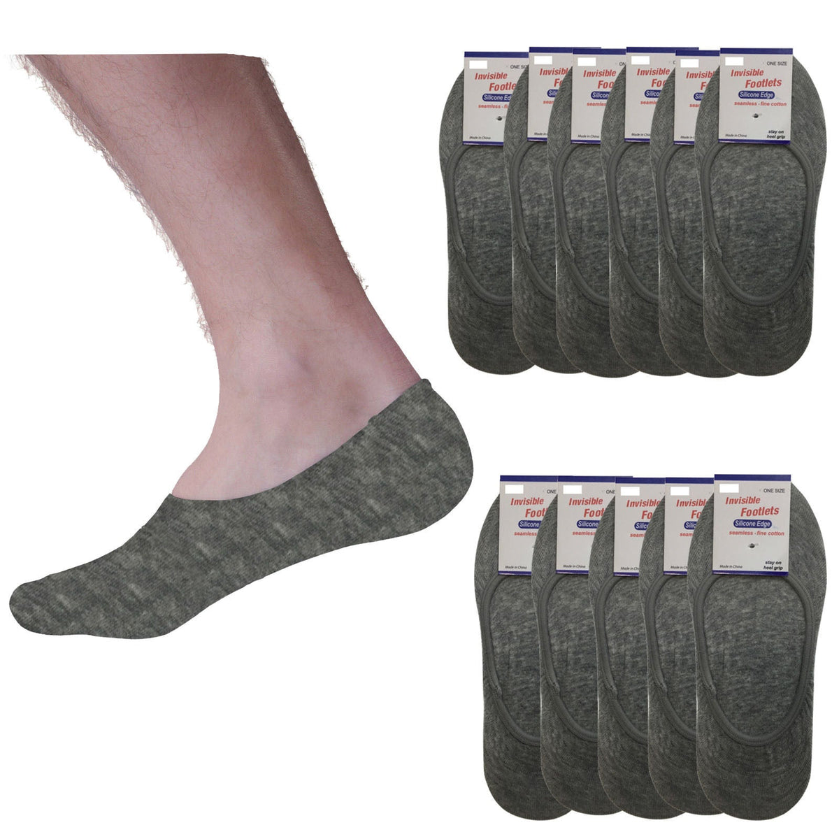 12x NO SHOW COTTON SOCKS Non Slip Heel Grip Low Cut Invisible Footlet Seamless - Grey