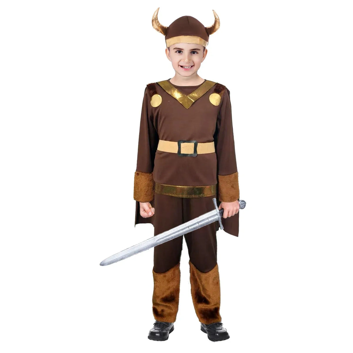 Children Viking Boy Costume Brown Warrior Cape Belt Set - 6-9 10-12 Years
