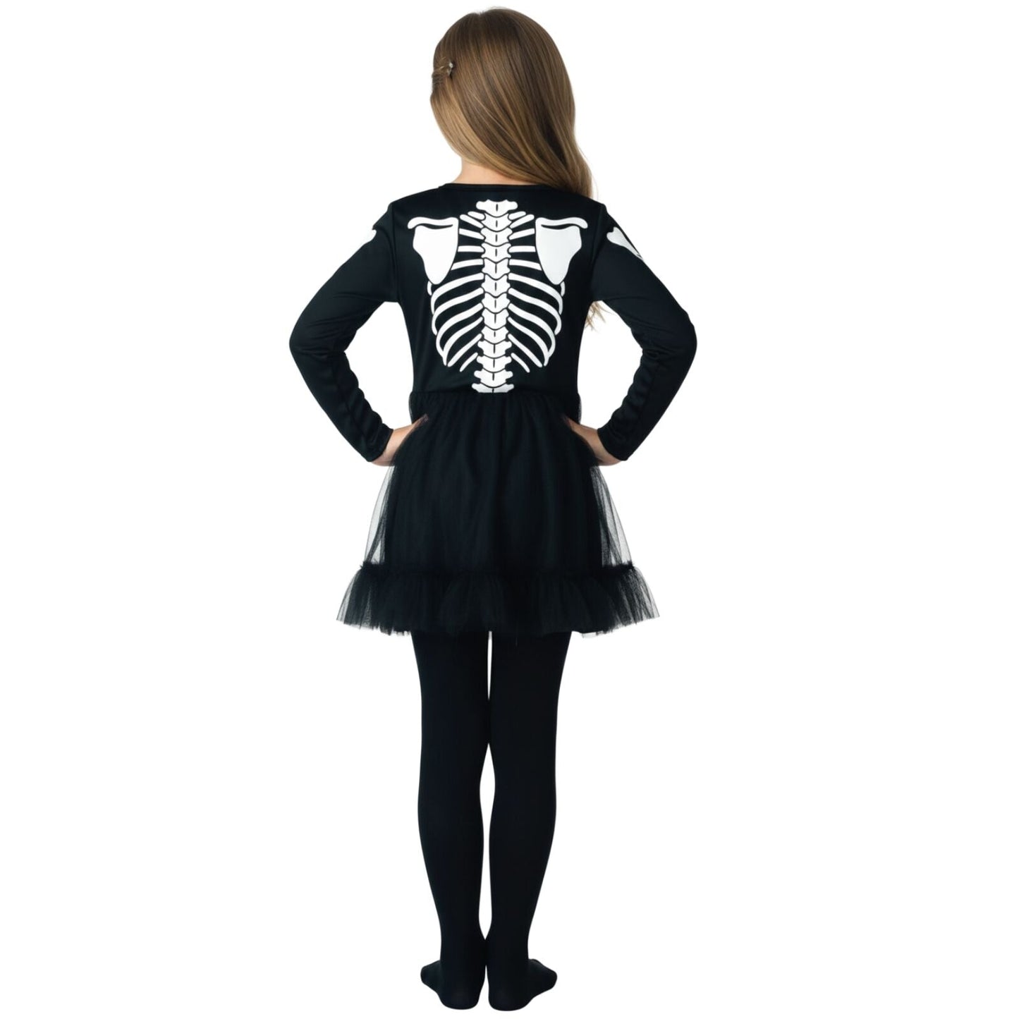 Children Skeleton Girl Costume Halloween Bones Dress - Black/White