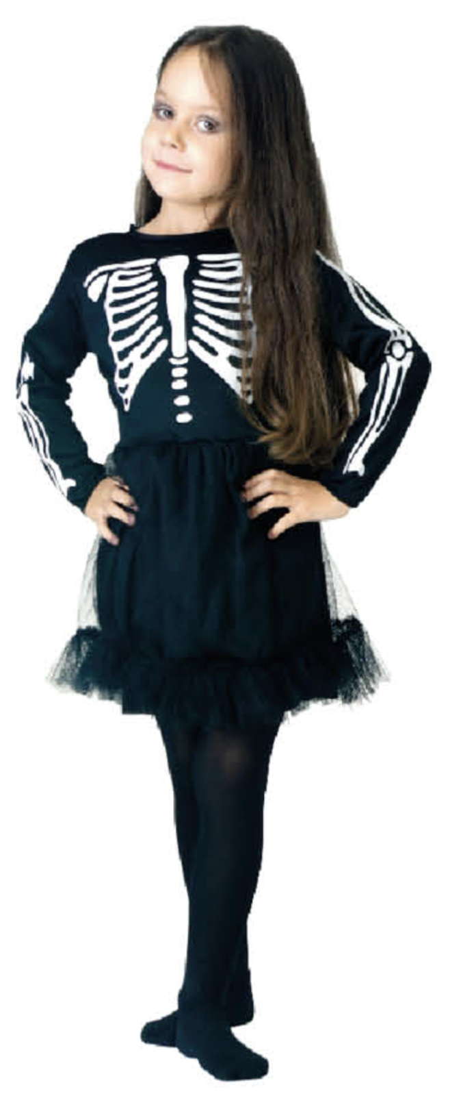 Children Skeleton Girl Costume Halloween Bones Dress - Black/White-1