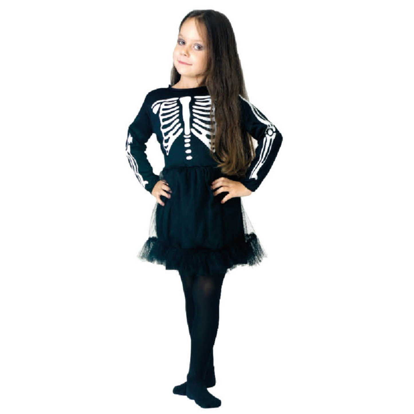 Children Skeleton Girl Costume Halloween Bones Dress - Black/White-0