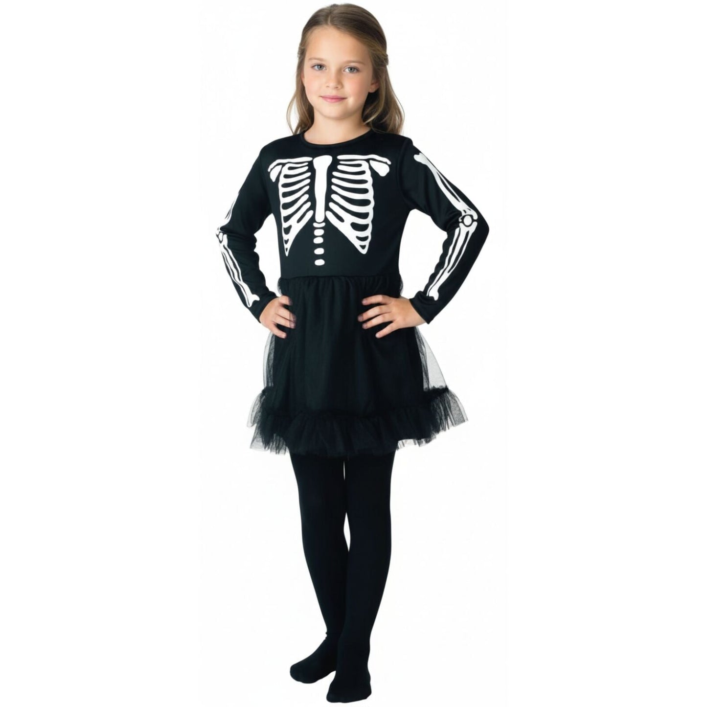 Children Skeleton Girl Costume Halloween Bones Dress - Black/White