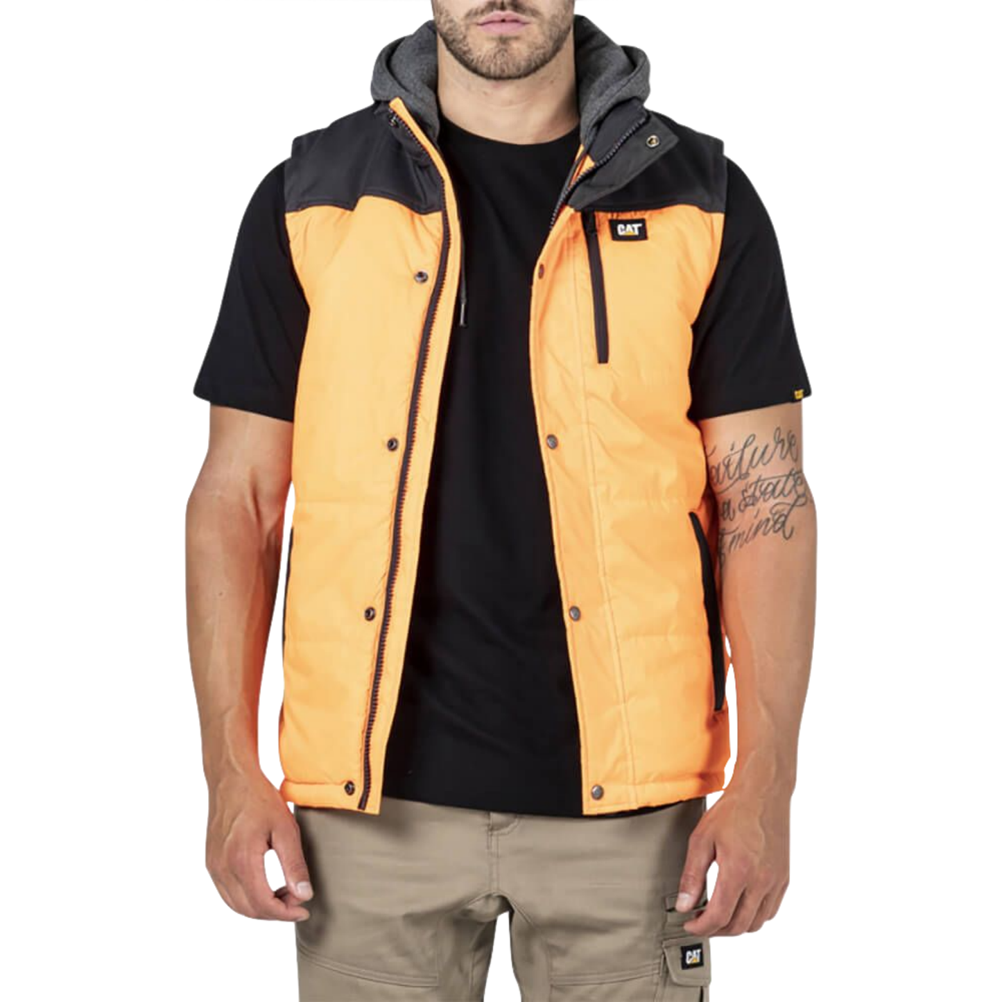 Caterpillar Hi-Vis Hooded Work Vest Jacket - Water Resistant - Orange-0