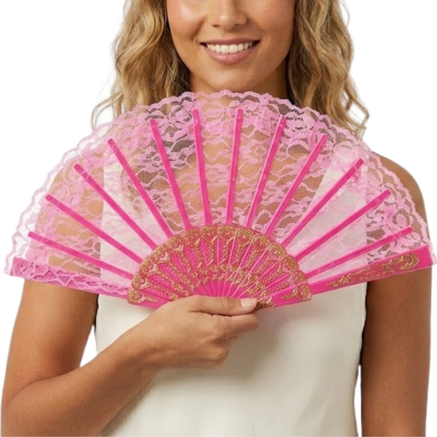 Lace Folding Hand Fan Wedding Party Spanish Costume Accessory - Light Pink