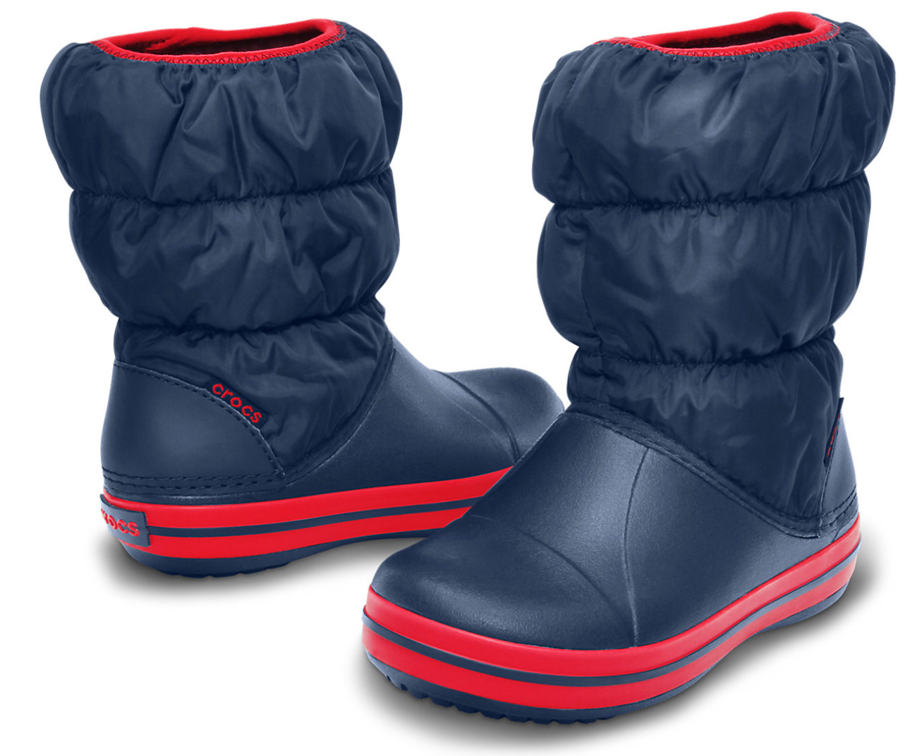 Crocs Kids Winter Puff Boot Childrens Boys Girls Warm Puffer - Navy/Red-0