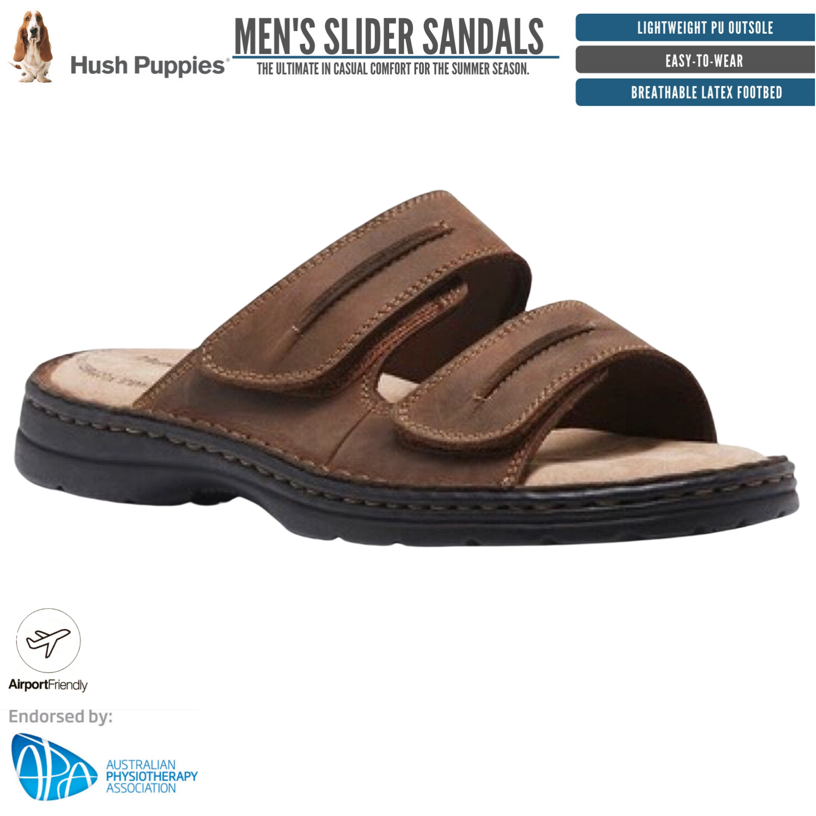 Hush Puppies Slider Mens Leather Adjustable Strap Sandals Slippers Shoes - Brown-1
