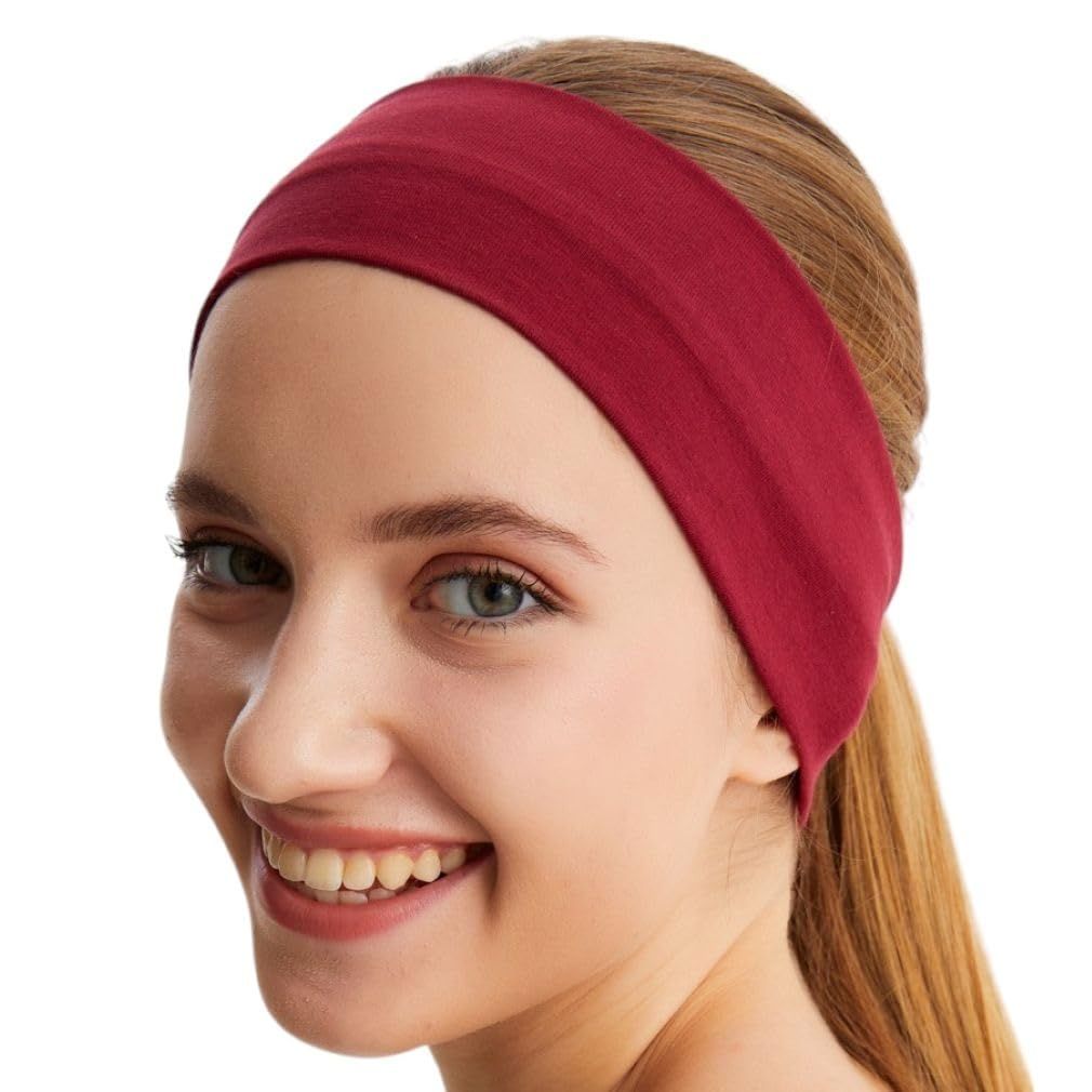 PLAIN HEADBAND Elastic Stretch Sports Yoga Hair Band Unisex 8cm Wide - Burgundy
