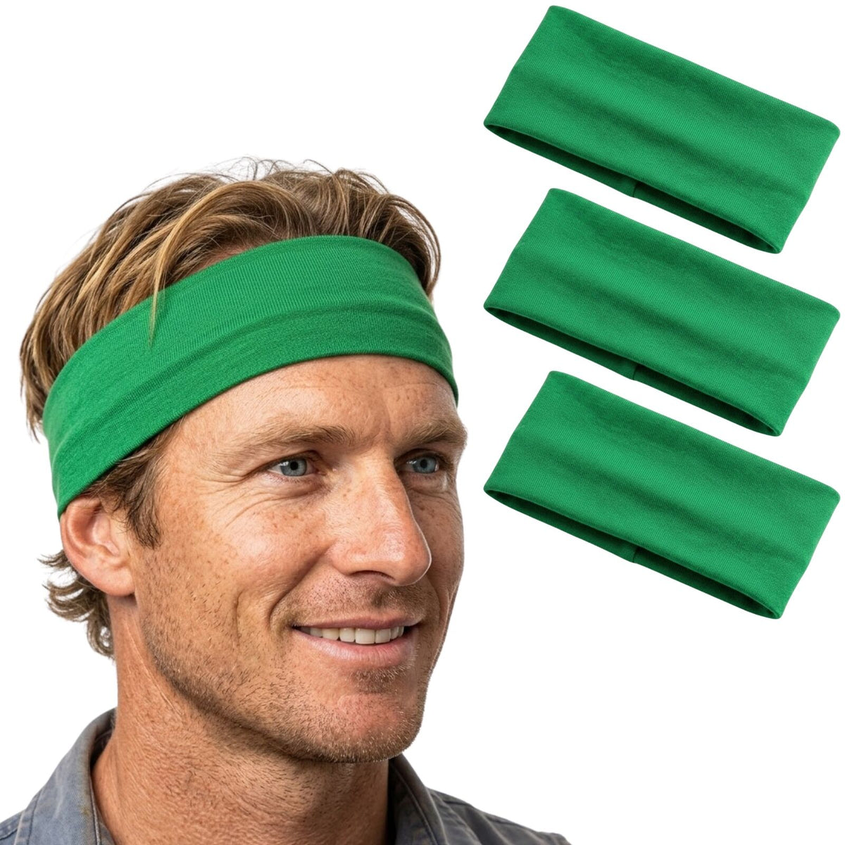3pc Set Plain Headband Elastic Stretch Sports Yoga Hair Band Unisex - Green