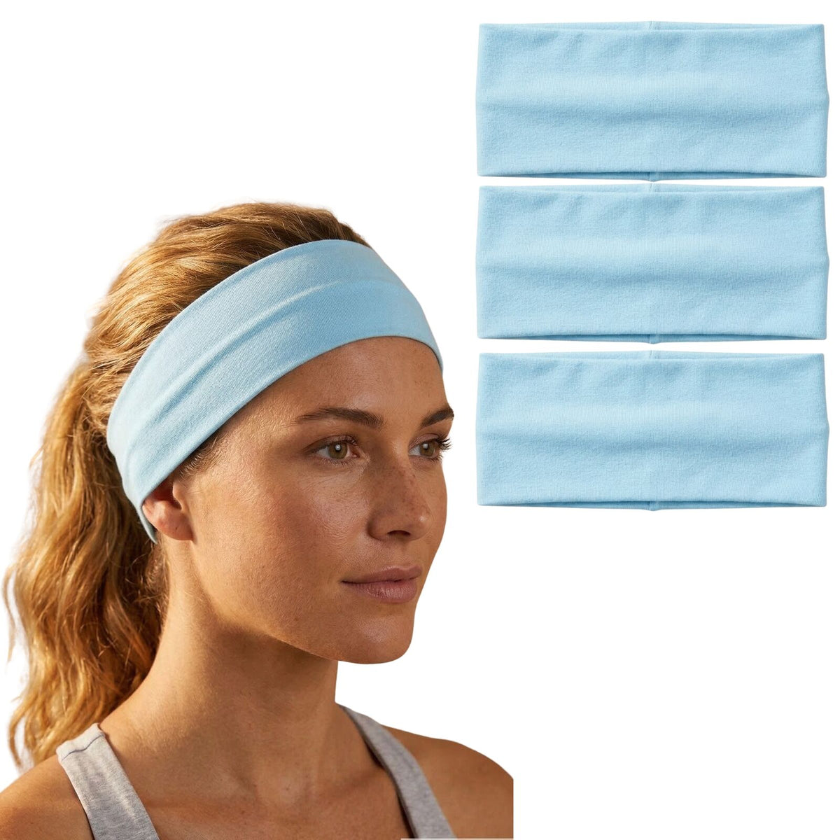 3pc Set Plain Headband Elastic Stretch Sports Yoga Hair Band Unisex - Sky Blue