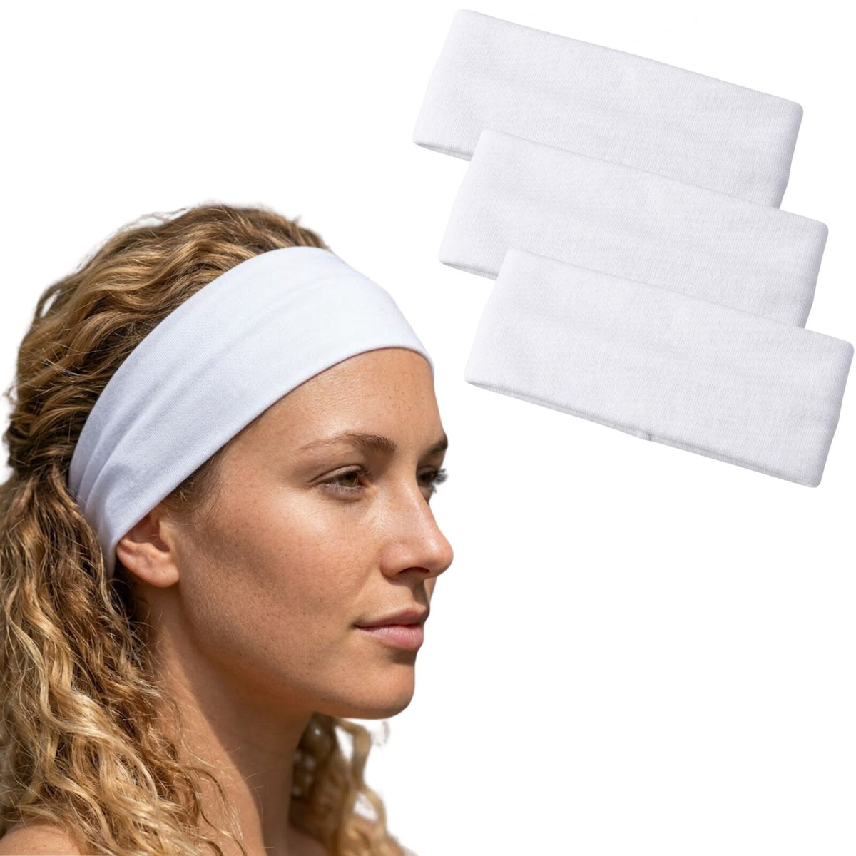 3pc Set Plain Headband Elastic Stretch Sports Yoga Hair Band Unisex - White
