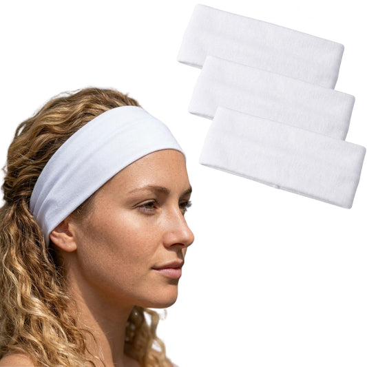 3pc Set Plain Headband Elastic Stretch Sports Yoga Hair Band Unisex - White