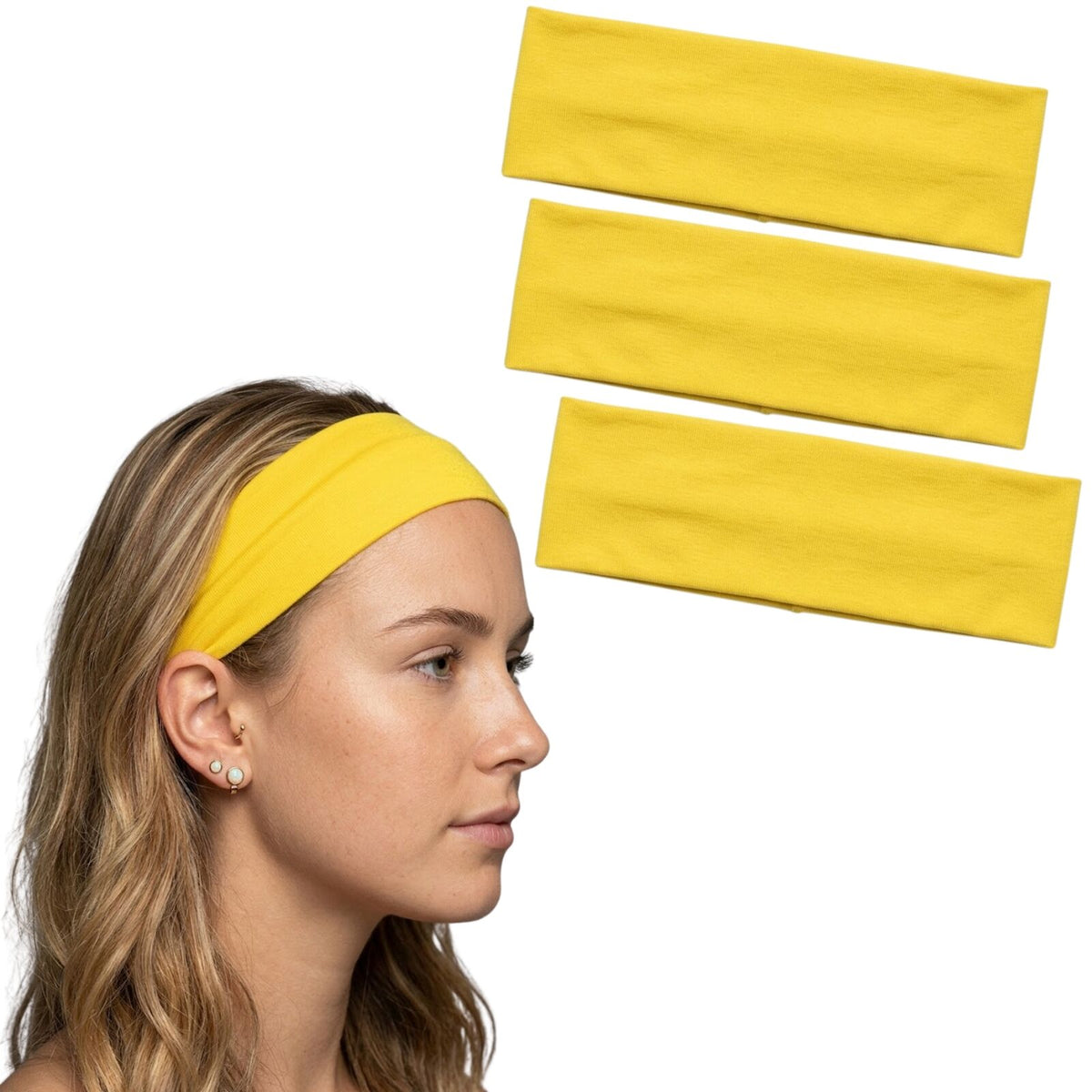 3pc Set Plain Headband Elastic Stretch Sports Yoga Hair Band Unisex - Yellow