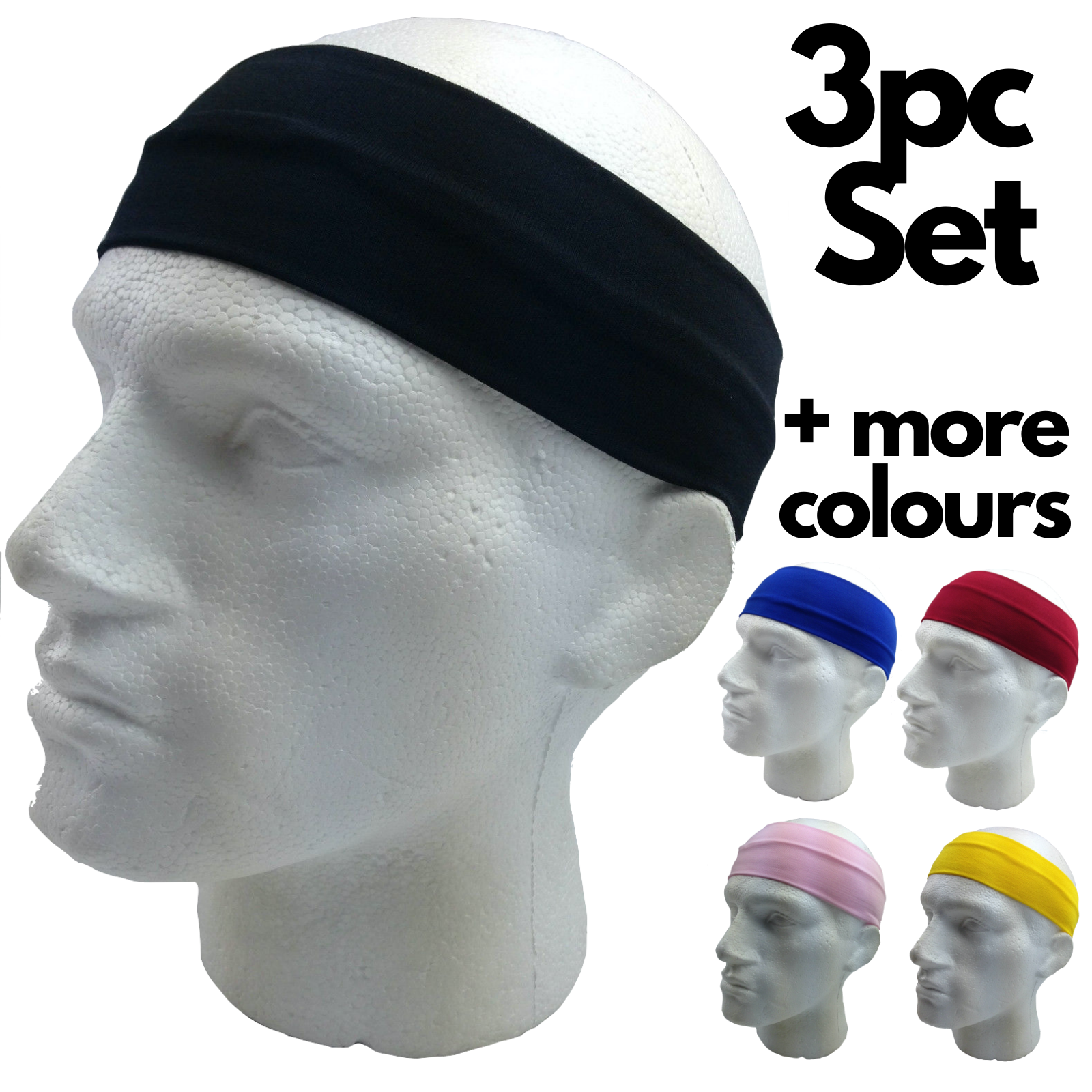 3pc Set Plain Headband Elastic Stretch Sports Yoga Hair Band Unisex Wide Wrap-1