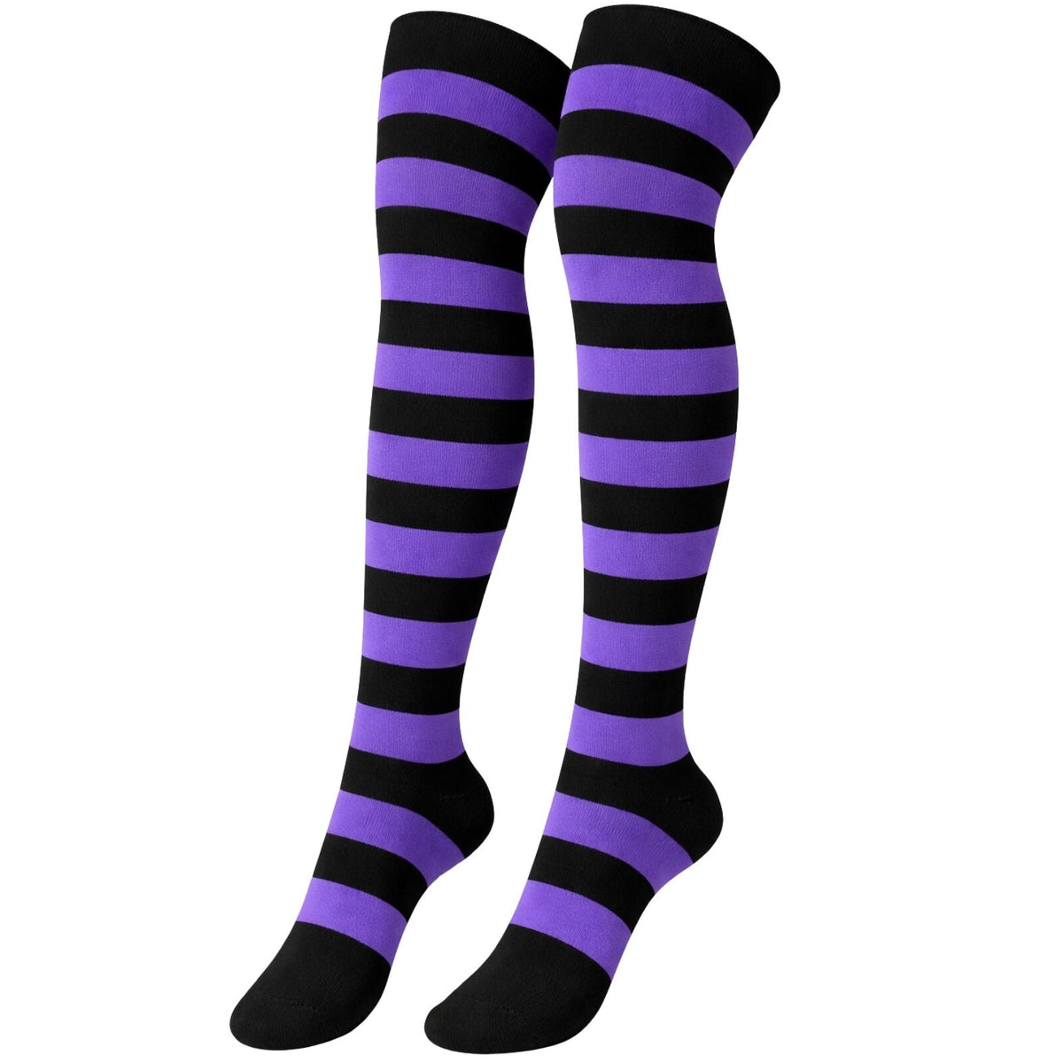 10x Womens Over Knee Socks Striped Thigh High Long Stockings - Black/Purple