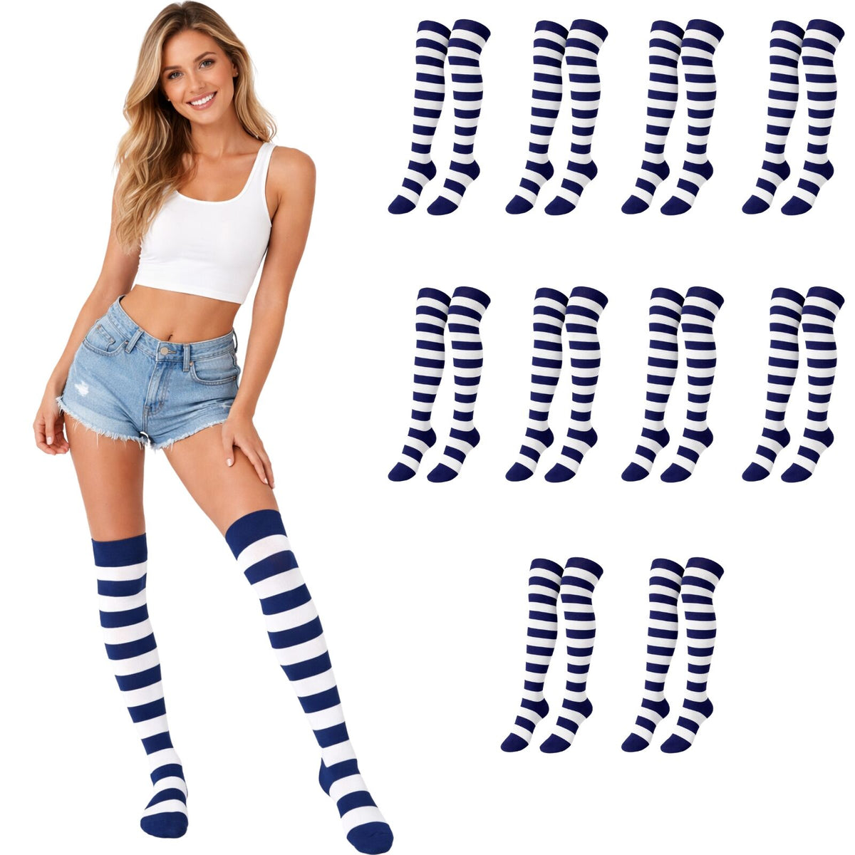 10x Womens Over Knee Socks Striped Thigh High Long Stockings - Blue/White