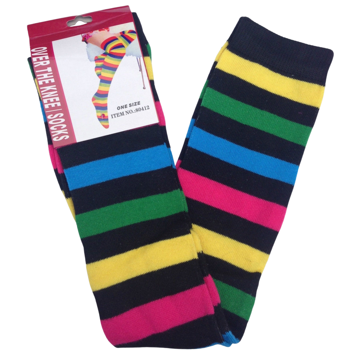 10x Womens Over Knee Socks Thigh High Long Stockings - Rainbow/Black Stripe