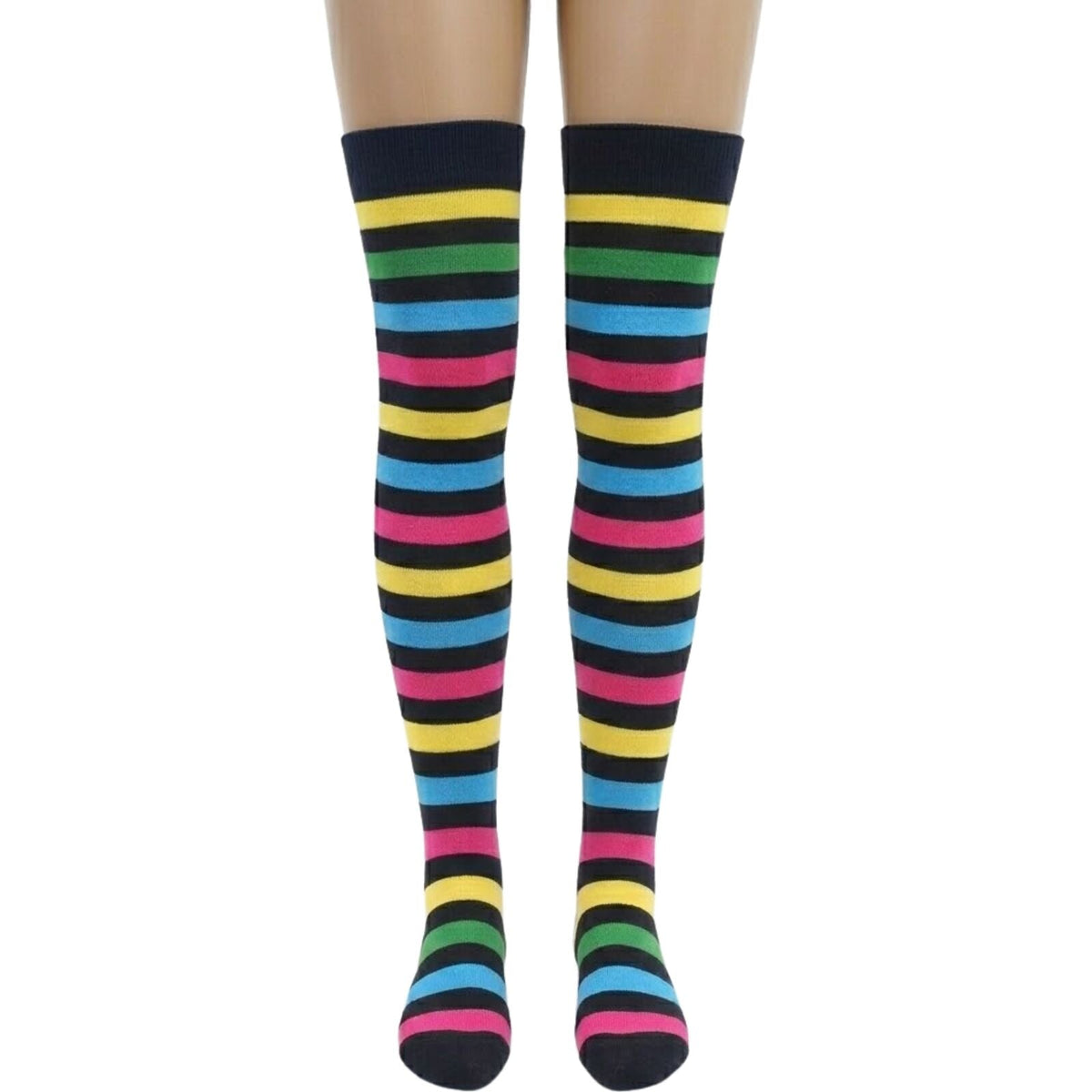 10x Womens Over Knee Socks Thigh High Long Stockings - Rainbow/Black Stripe