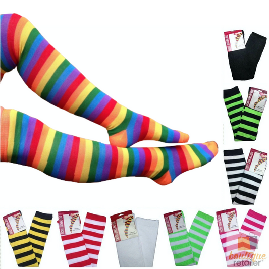 10x OVER THE KNEE SOCKS Plain Striped High Thigh Ladies Long Stocking BULK Price-0