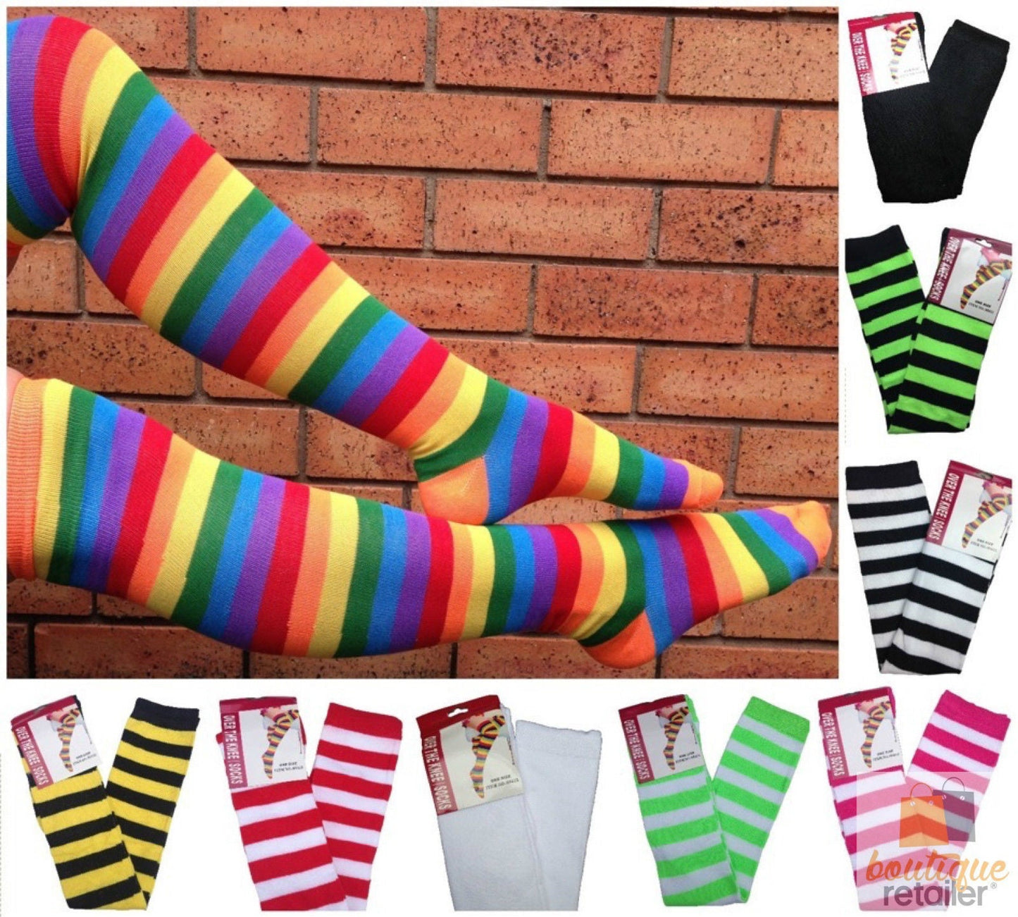 10x OVER THE KNEE SOCKS Plain Striped High Thigh Ladies Long Stocking BULK Price-1
