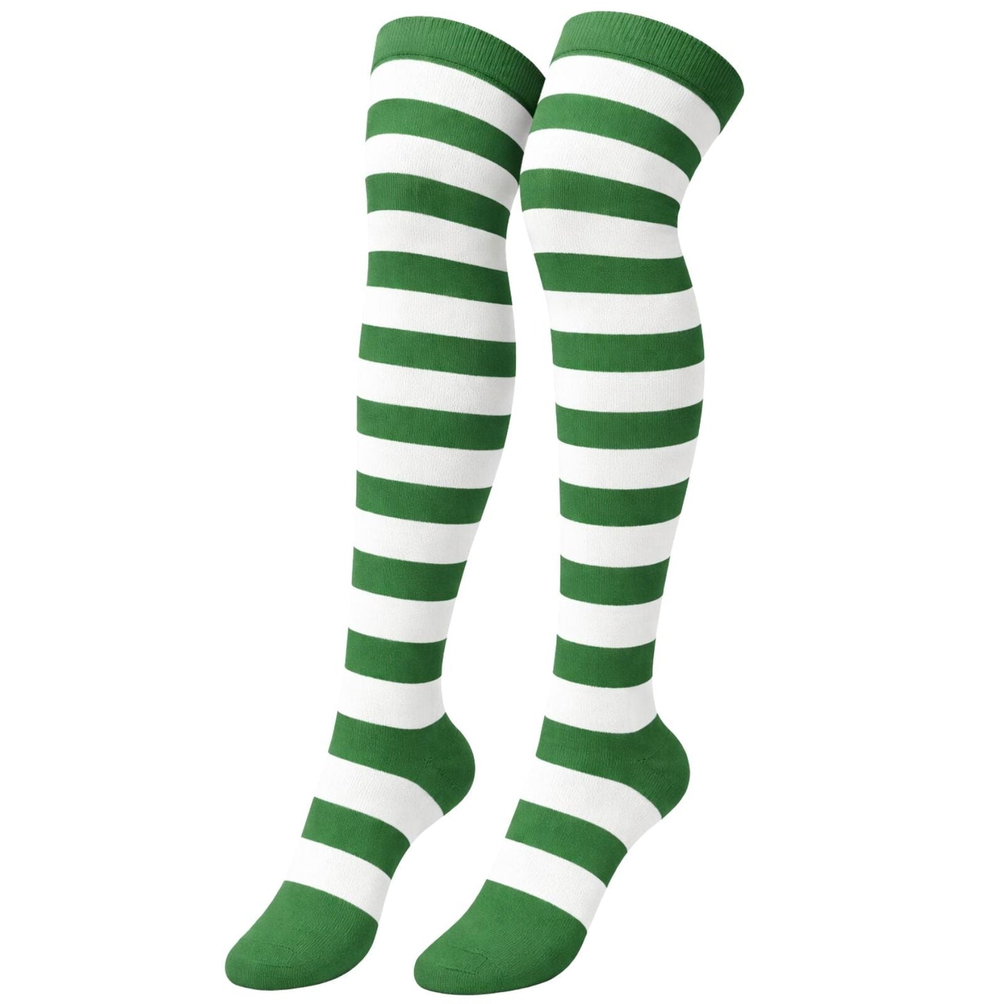 10x Womens Over Knee Socks Striped Thigh High Long Stockings - Dark Green/White