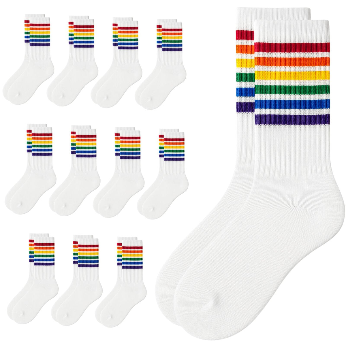 12 Pairs White Unisex Socks with Rainbow Stripes for Halloween Costume Party
