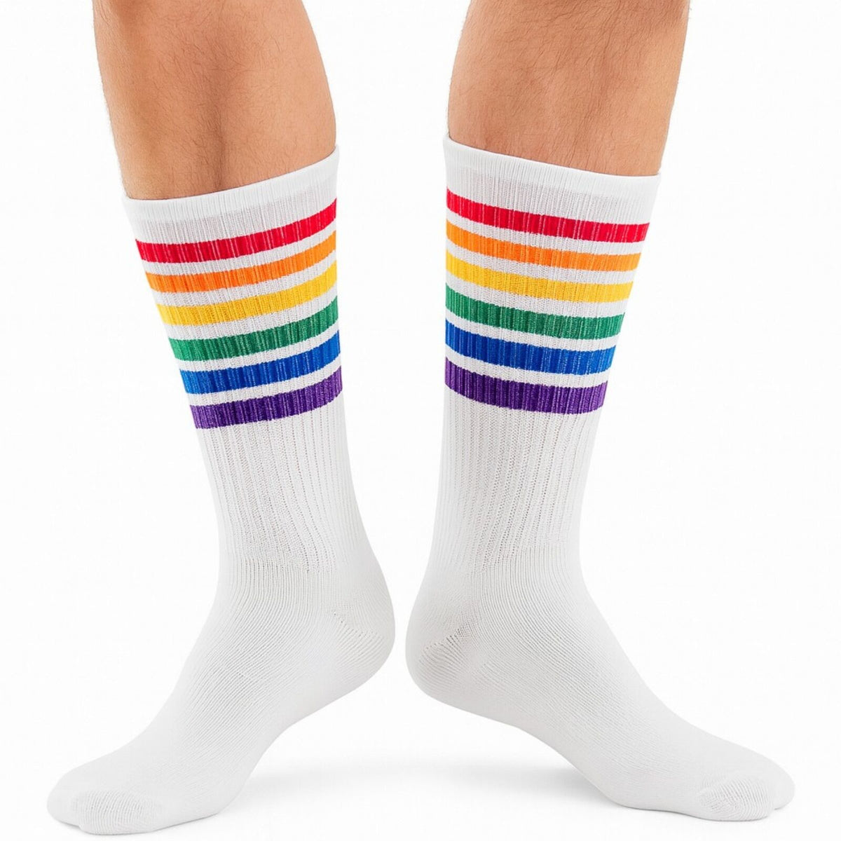 12 Pairs White Unisex Socks with Rainbow Stripes for Halloween Costume Party