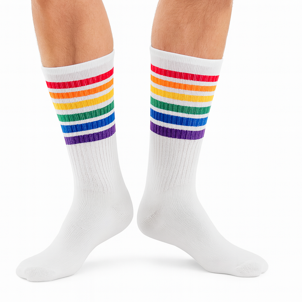 1 Pair White Unisex Socks with Rainbow Stripes for Halloween Costume Party