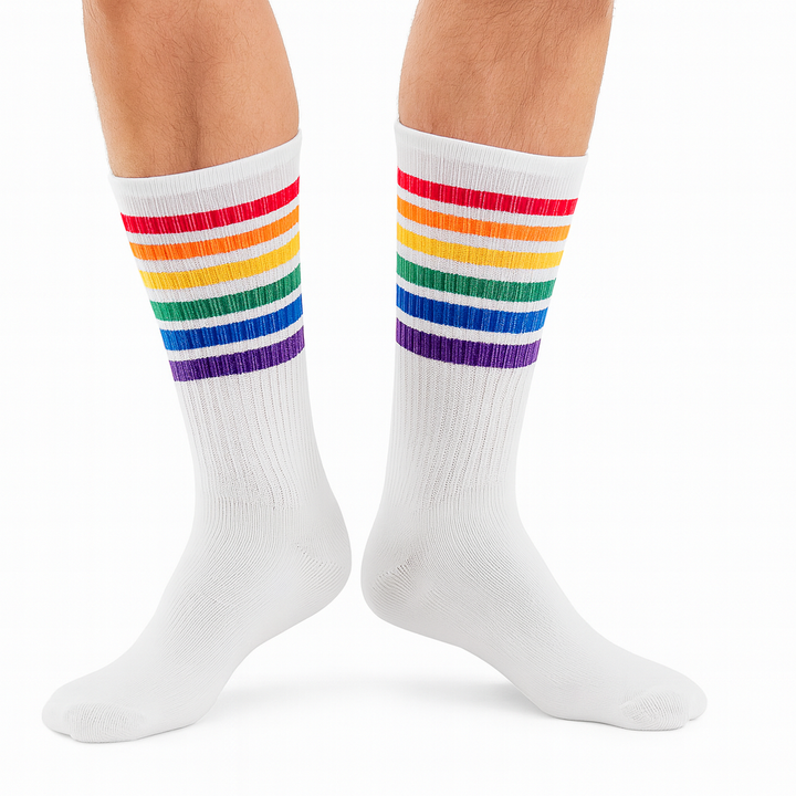 1 Pair White Unisex Socks with Rainbow Stripes for Halloween Costume Party