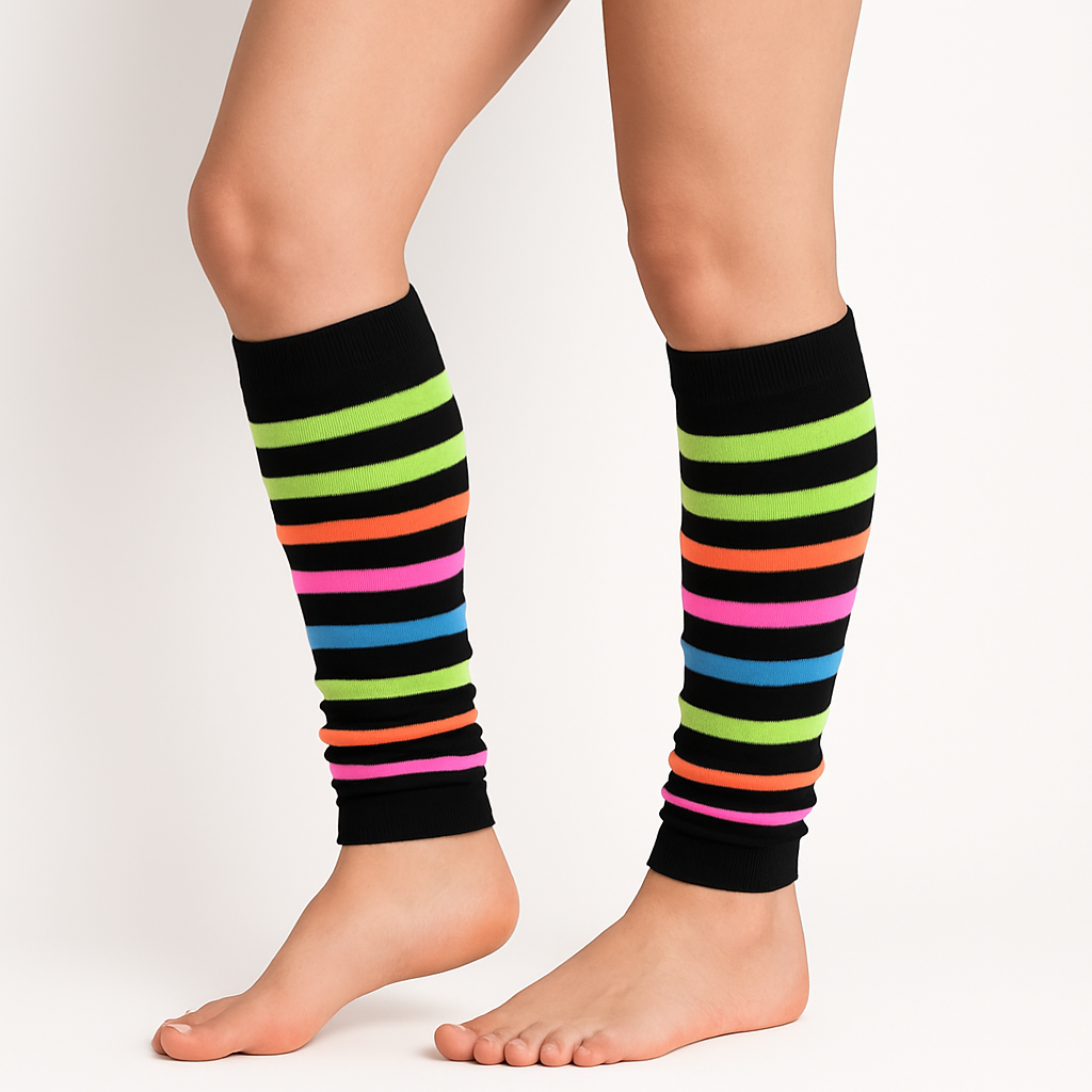 RAINBOW LEG WARMERS Party Costume Fine Stretch Ladies Girls Fancy Dress - Rainbow with Black Stripe
