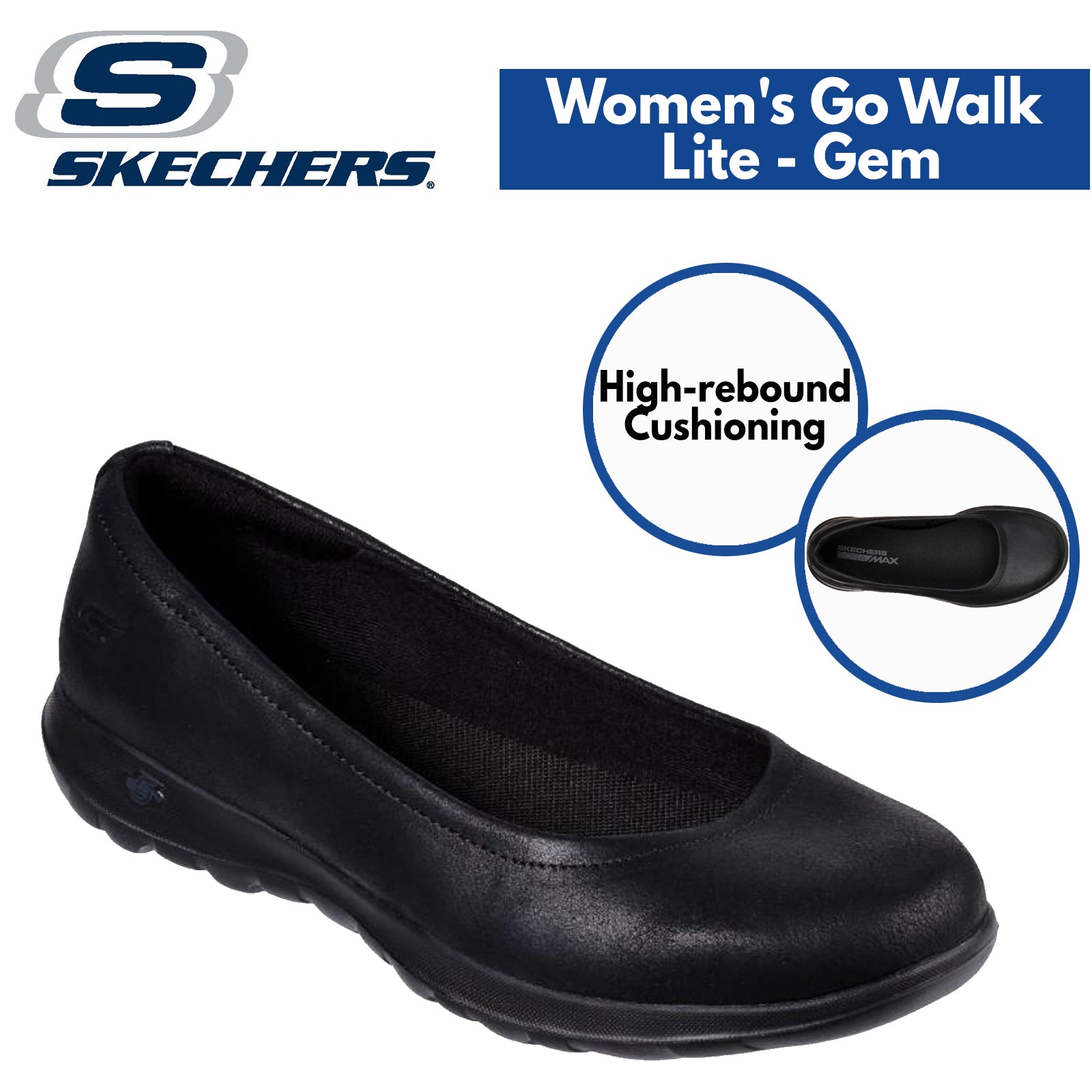 Skechers Womens Go Walk Lite Flats Shoes Comfort GEM Lightweight - Black/Black-1