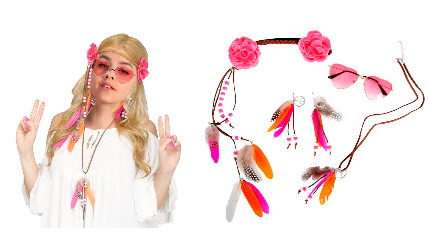 Deluxe Hippie Accessory Party Costume Kit Set 60s 70s Costume w/ Glasses, Headband & Feathers