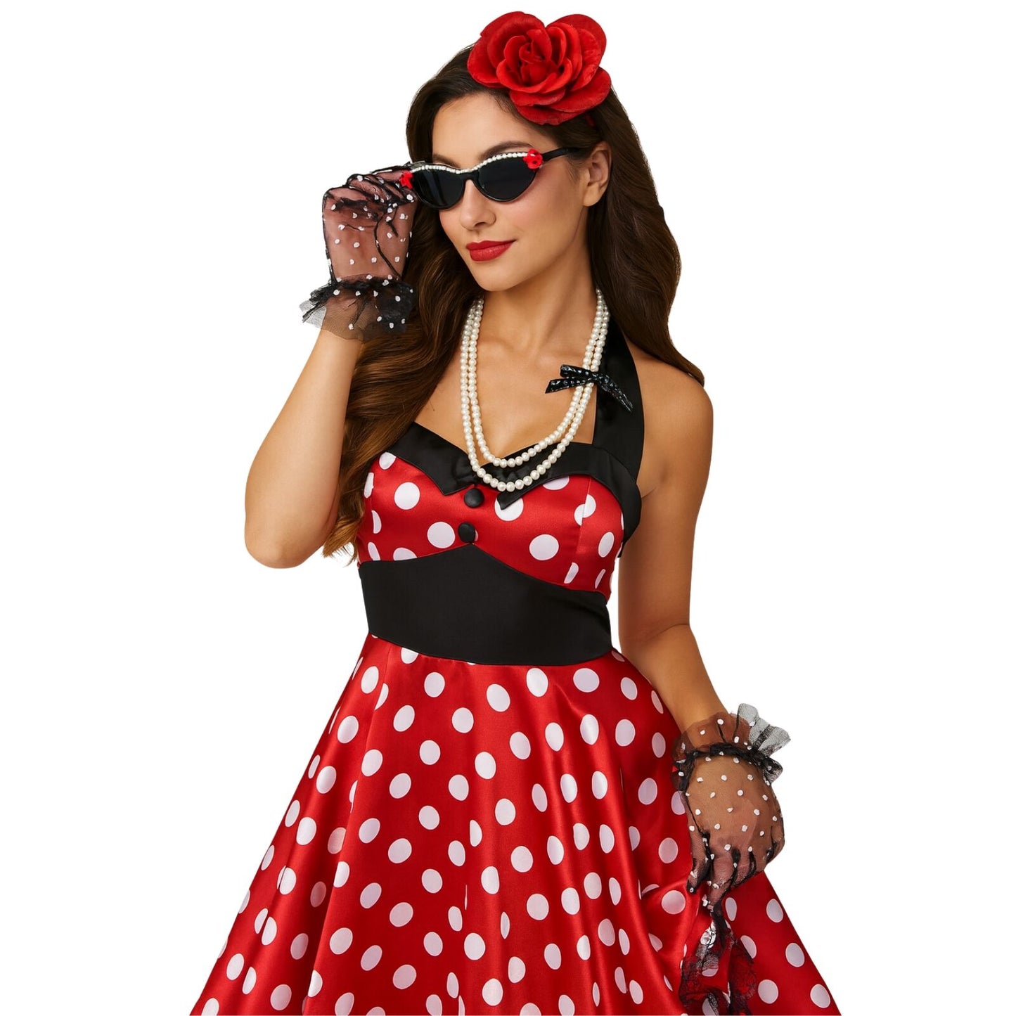 1950s Womens Costume Accessories 50s Necklace Rose Hair Clip Lace Gloves Glasses