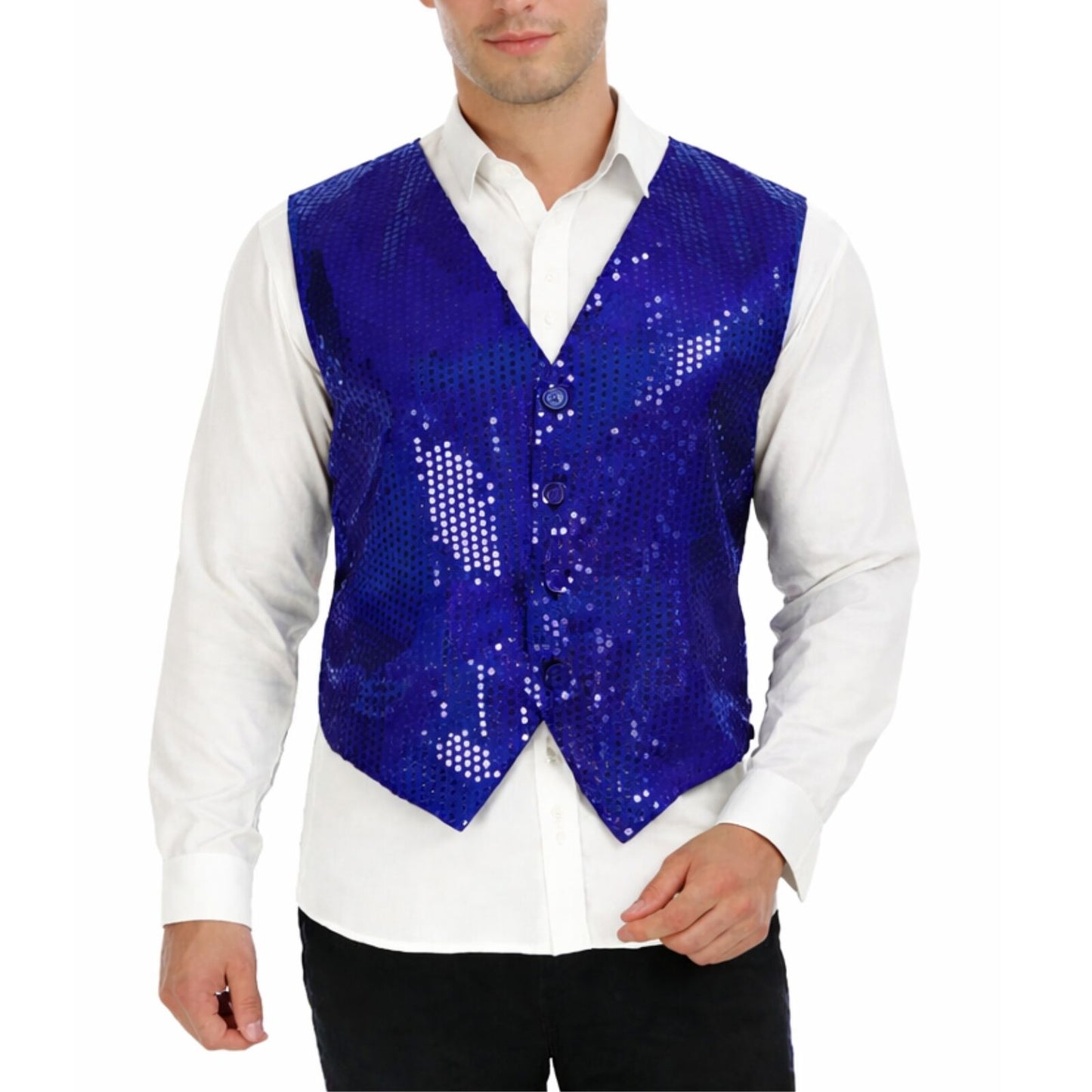 Mens Sequin Vest Waistcoat Disco Sparkle Costume Dance Party One Size - Blue
