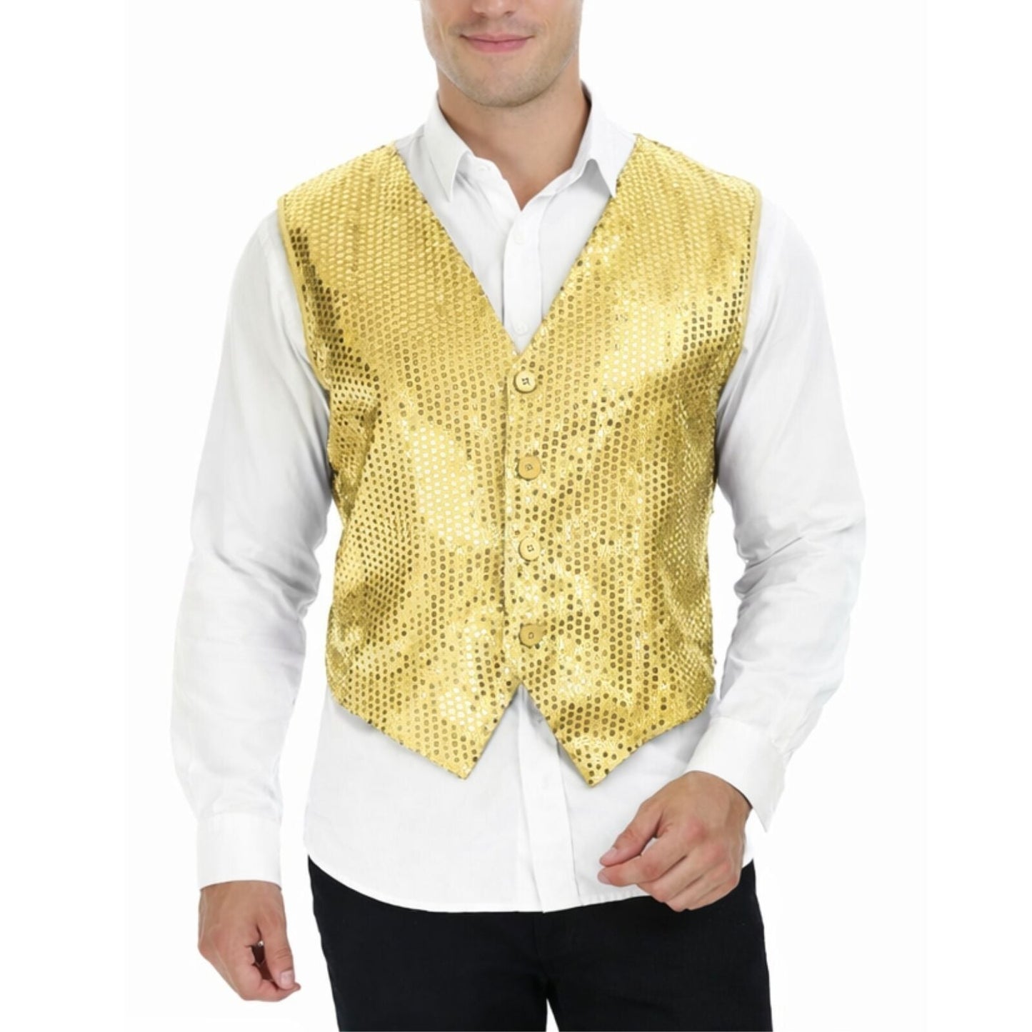 Mens Sequin Vest Waistcoat Disco Sparkle Costume Dance Party One Size - Gold