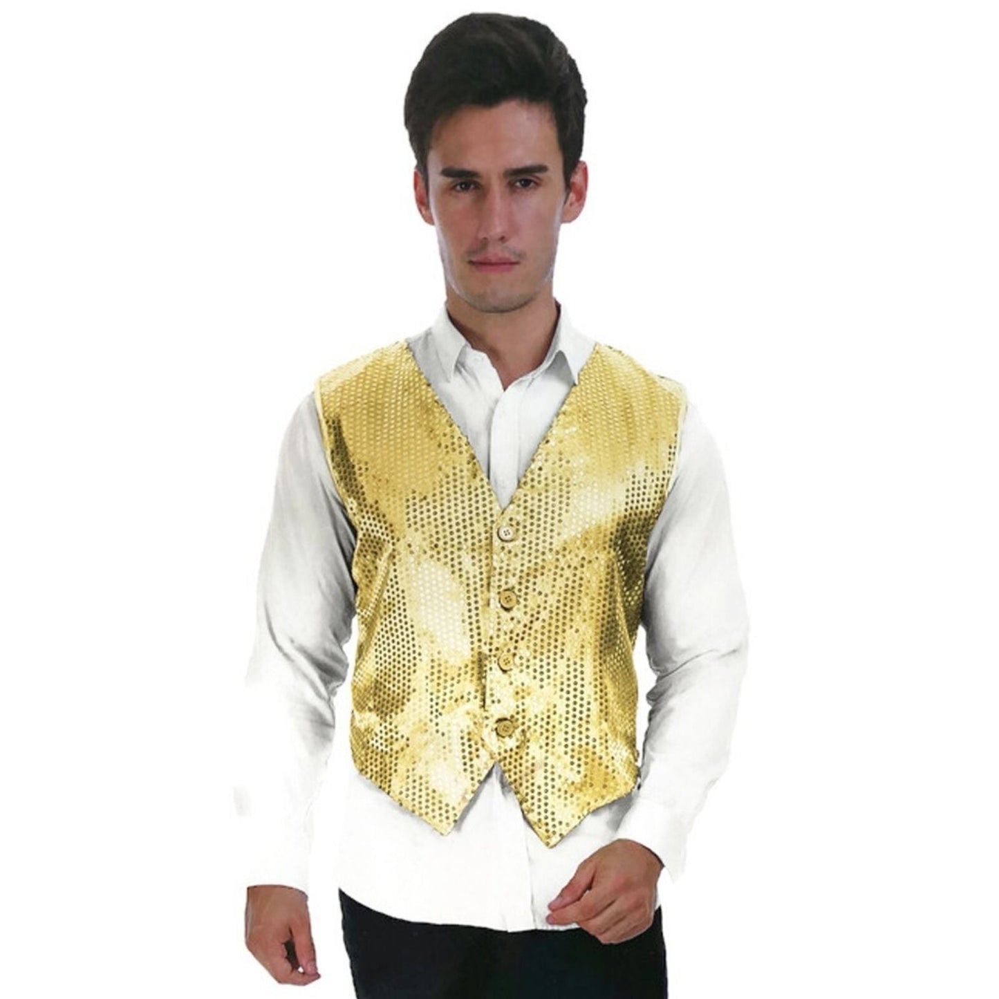 Mens Sequin Vest Waistcoat Disco Sparkle Costume Dance Party One Size - Gold