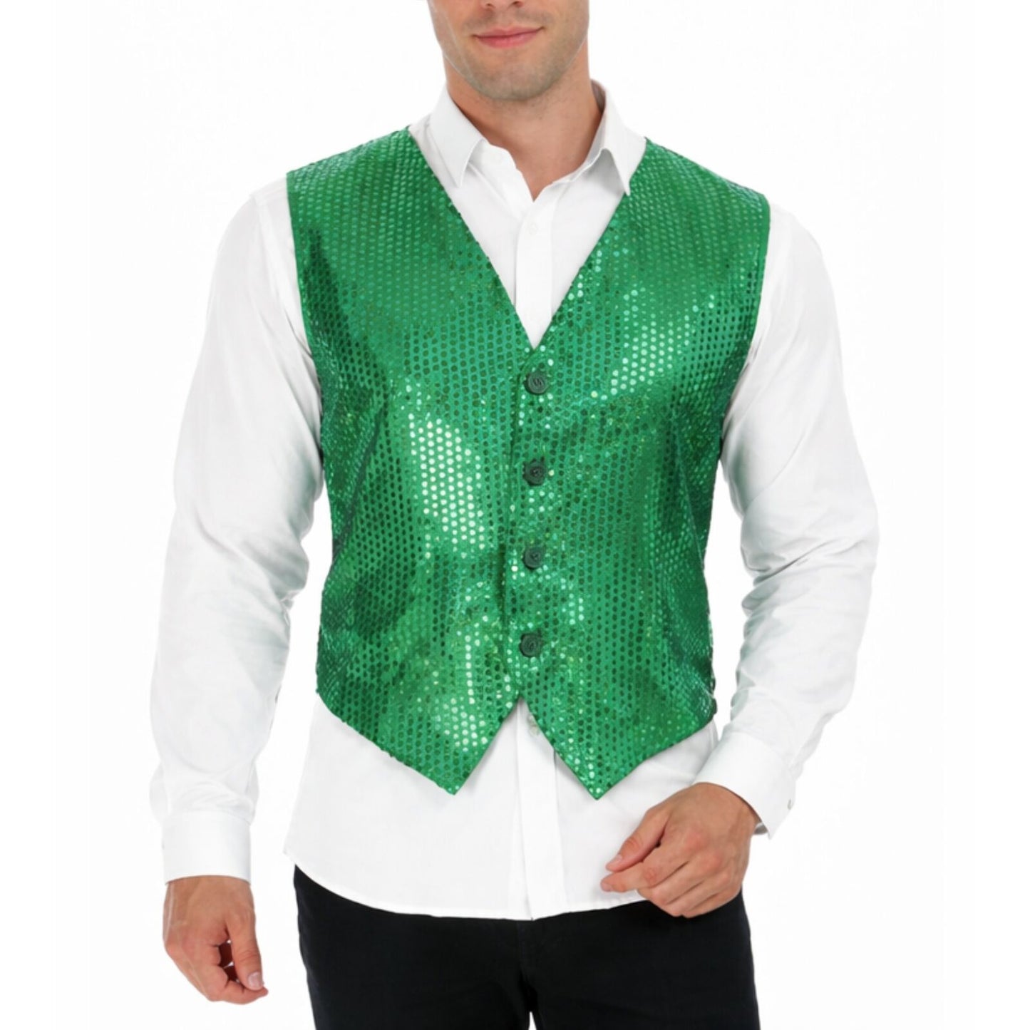 Mens Sequin Vest Waistcoat Disco Sparkle Costume Dance Party One Size - Green