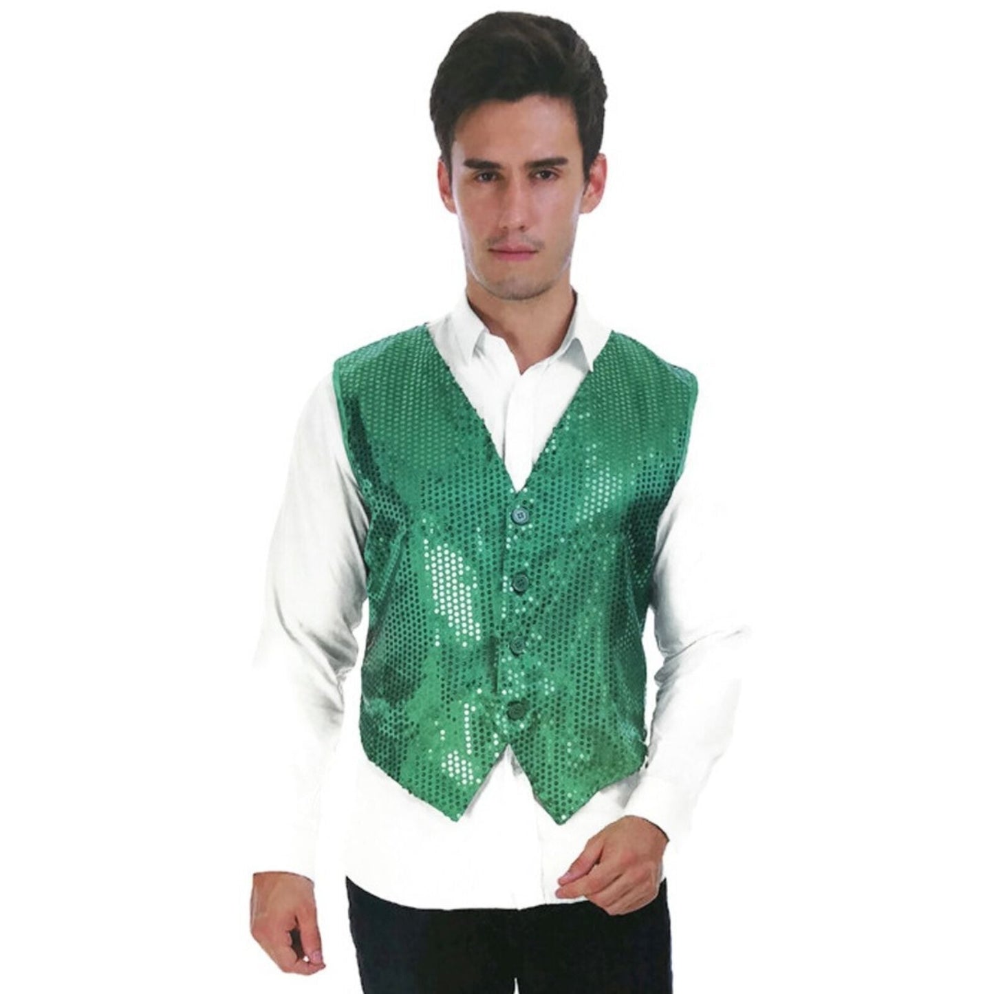 Mens Sequin Vest Waistcoat Disco Sparkle Costume Dance Party One Size - Green