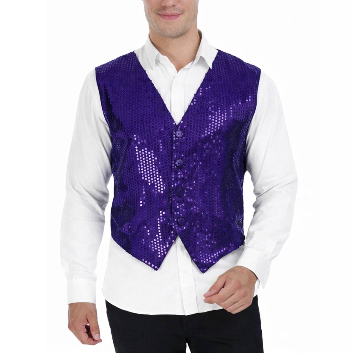 Mens Sequin Vest Waistcoat Disco Sparkle Costume Dance Party One Size - Purple