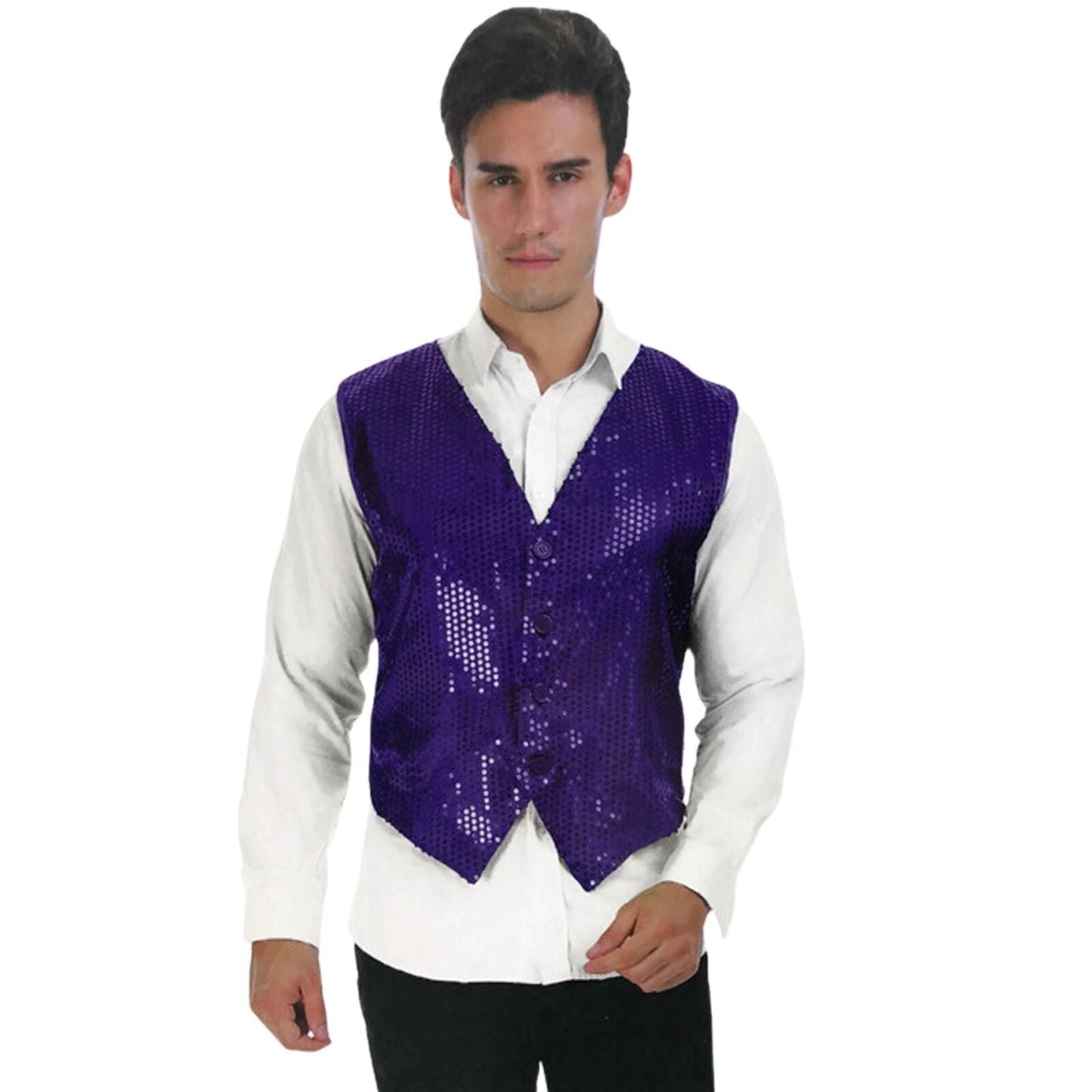 Mens Sequin Vest Waistcoat Disco Sparkle Costume Dance Party One Size - Purple