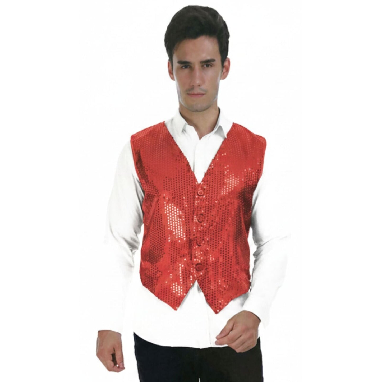 Mens Sequin Vest Waistcoat Disco Sparkle Costume Dance Party One Size - Red