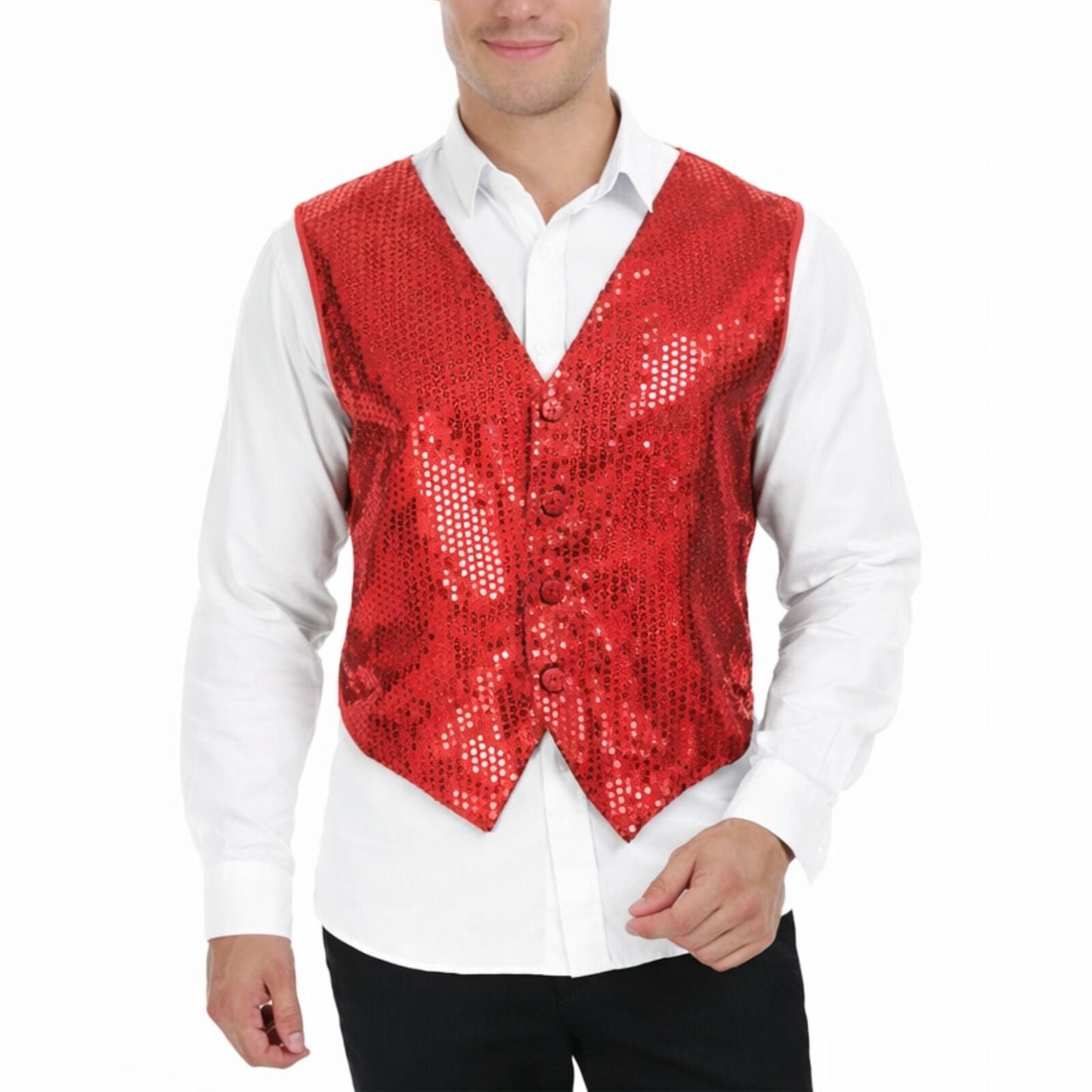 Mens Sequin Vest Waistcoat Disco Sparkle Costume Dance Party One Size - Red