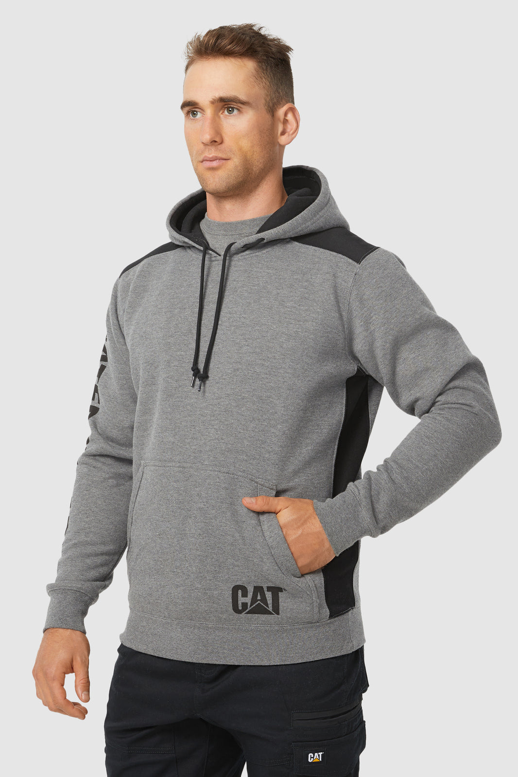 Caterpillar Logo Panel Hooded Sweatshirt Jumper Hoodie Warm Winter - Dark Heather Grey-1
